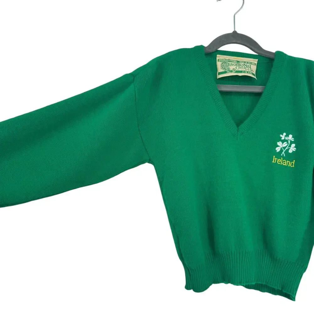 Traditional Craft Irish V Neck Sweater Kids 7-8 Celtic St Pattys‎ Day Green